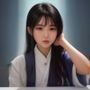 女性语言观察员正对着电脑记录网络用语案例的工作照，暖光台灯照明，专注神情